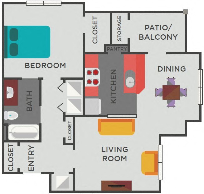 Floor plan for 1 bed, 1 bath, 806 sqft